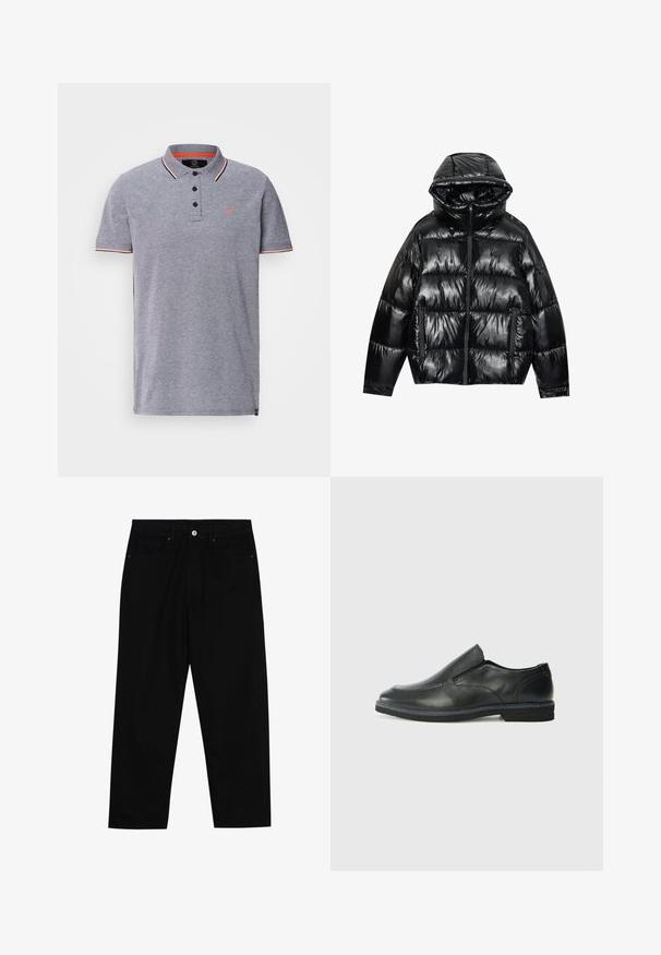 Zwarte pufferjack met een glanzende afwerking. Beschikt over een capuchon, ritssluiting en twee zijzakken. Gevoerde ontwerp voegt textuur en isolatie toe.; Grijze polo shirt met een gestructureerde kraag, drievoudige knoopsluiting en contrasterende rode accenten op de kraag en mouwen. Klein logo op de borst.; Zwarte denim broek met een recht gesneden pasvorm, vijf gebruikersvriendelijke zakken en een sluiting met een knoop aan de voorkant. Soepele textuur met minimale stikdetails.; Zwarte leren instapper met een soepele bovenkant, gestikte accenten, ronde neus en een lage rubberen hak. De zool heeft minimale profiel.