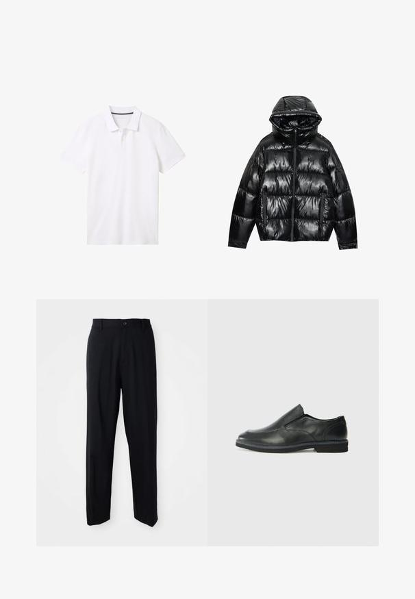 Giacca puffer nera con finitura lucida. Caratterizzata da cappuccio, chiusura con zip e due tasche laterali. Il design trapuntato aggiunge texture e isolamento.; TOM TAILOR BASIC WITH CONTRAST - Polo - white; Pantaloni neri a gamba dritta con passanti per cintura, chiusura a bottone e un design elegante e minimale su uno sfondo neutro.; Scarpa nera in pelle con inserto scivolare, superiore liscio, dettagli cuciti, punta arrotondata e tacco in gomma basso. La suola presenta un battistrada minimale.