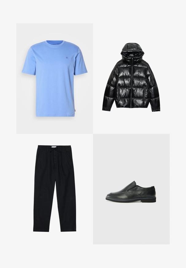 Black puffer jacket with a glossy finish. Features a hood, zip closure, and two side pockets. Quilted design adds texture and insulation.; Light blue cotton t-shirt with a round neckline and short sleeves. Features a small embroidered logo on the chest and a side label.; Pier One Chinos - black; Black leather slip-on shoe with a smooth upper, stitched accents, rounded toe, and a low rubber heel. Sole features minimal tread.