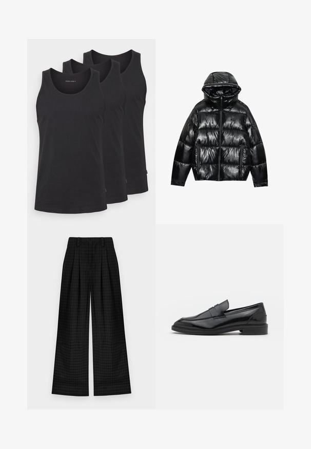 Čierna prešívaná bunda s lesklým povrchom. Obsahuje kapucňu, zips a dve bočné vrecká. Prešívaný dizajn pridáva textúru a izoláciu.; Čierne bavlnené tielka v sade po troch kusoch. Majú okrúhly výstrih, bezrukávový dizajn a rovný spodný lem. Hladká textúra, minimálne značkovanie.; Čierne kárované nohavice s širokými nohavicami a skladmi, s hladkou textúrou a klasickým dizajnom. Ľahký materiál pre pohodlie.; Čierne kožené loaferky s hladkým povrchom, s okrúhlou špičkou a úzkym pásom cez vrch. Nízky vrstvený podpätok.