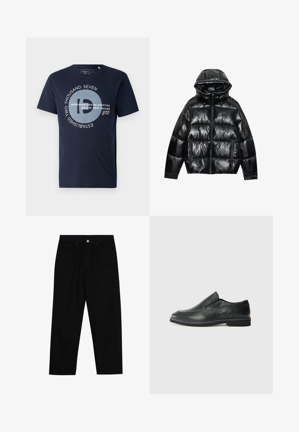 Svart pufferjacka med en glänsande yta. Har huva, dragkedja och två sidofickor. Det kviltade mönstret ger textur och isolering.; Marinblå bomulls t-shirt med korta ärmar, med en cirkulär grafisk design och text i vitt, inklusive "NORTHERN DESIGN CRAFTING."; Svarta denimbyxor med rak passform, femficksdesign och framknäppning. Slät textur med minimala sömdetaljer.; Svart lädersko i slip-on-modell med en slät ovandel, sömnadsdetaljer, rund tå och låg gummihäl. Sulan har minimal mönstring.