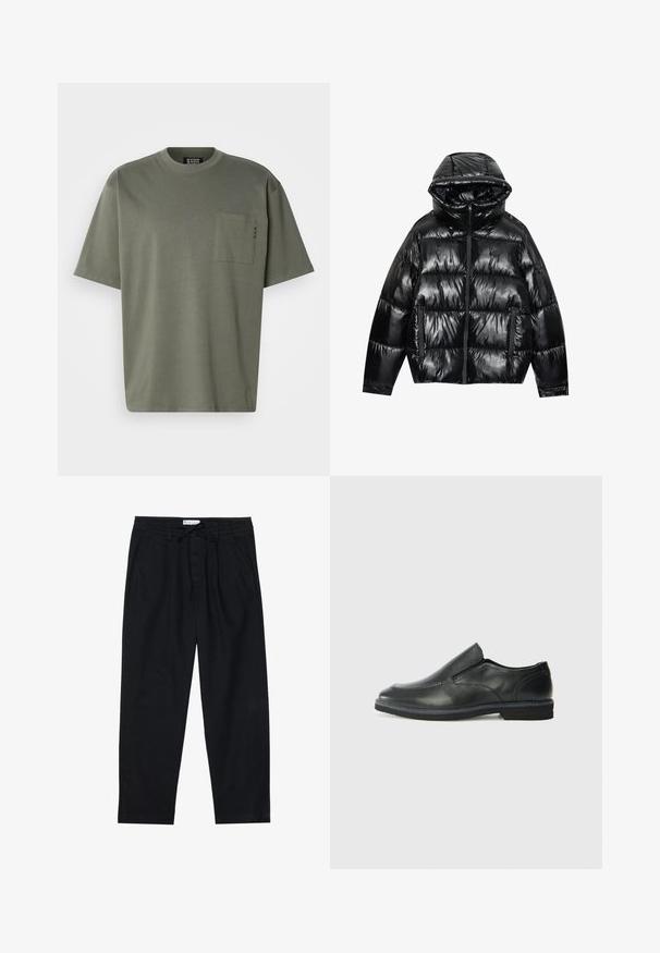 Svart pufferjacka med en glänsande yta. Har huva, dragkedja och två sidofickor. Det kviltade mönstret ger textur och isolering.; Olivgrön bomullströja med rund hals, kort ärm och bröstficka med sydda detaljer. Mjuk textur, avslappnad design.; Pier One Chinos - black; Svart lädersko i slip-on-modell med en slät ovandel, sömnadsdetaljer, rund tå och låg gummihäl. Sulan har minimal mönstring.
