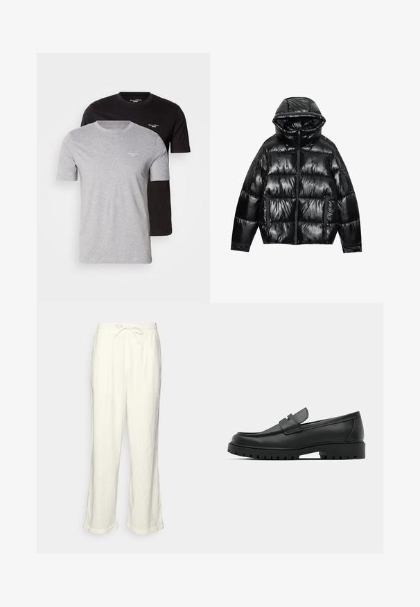 Svart boblejakke med glanset overflate. Har hette, glidelås og to sidelommer. Kviltet design gir tekstur og isolasjon.; To korte ermer t-skjorter: en grå og en svart. Begge har rund hals og en liten hvit logo på brystet. Laget av bomull.; Linstanter i off-white med drawstring midje, lett vide ben og rullede ermer for en avslappet passform. Ingen lommer.; Sorte lærloafere med rund tå, med en syddesign, lav plattformsåle og en teksturert, ruggede gummisåle.