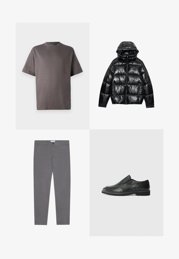 Crna puffer jakna s sjajnom završnom obradom. Ima kapuljaču, zatvaranje na patentni zatvarač i dva bočna džepa. Kvalitetni ušiveni dizajn dodaje teksturu i izolaciju.; Tamno siva majica kratkih rukava s okruglim izrezom, izrađena od mekog materijala, koja ima ležeran kroj i bez vidljivih uzoraka ili dodataka.; Sive pamučne hlače uskog kroja, s dva prednja džepa, jednim stražnjim džepom i kopčanjem na dugme u struku.; Crne kožne cipele na sklapanje s glatkom gornjom površinom, prošivenim detaljima, zaobljenim vrhom i niskim gumene potplate. Potplat ima minimalne uzorke.