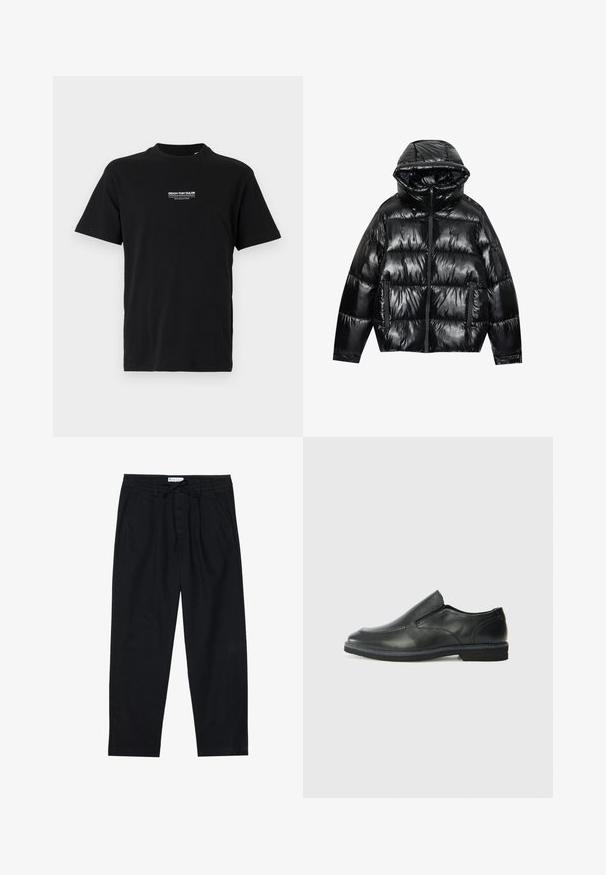 Zwarte pufferjack met een glanzende afwerking. Beschikt over een capuchon, ritssluiting en twee zijzakken. Gevoerde ontwerp voegt textuur en isolatie toe.; Zwart katoenen t-shirt met ronde hals, korte mouwen en een klein wit bedrukte logo op de linkerborst. Eenvoudige snit, geen extra patronen.; Pier One Chino - black; Zwarte leren instapper met een soepele bovenkant, gestikte accenten, ronde neus en een lage rubberen hak. De zool heeft minimale profiel.