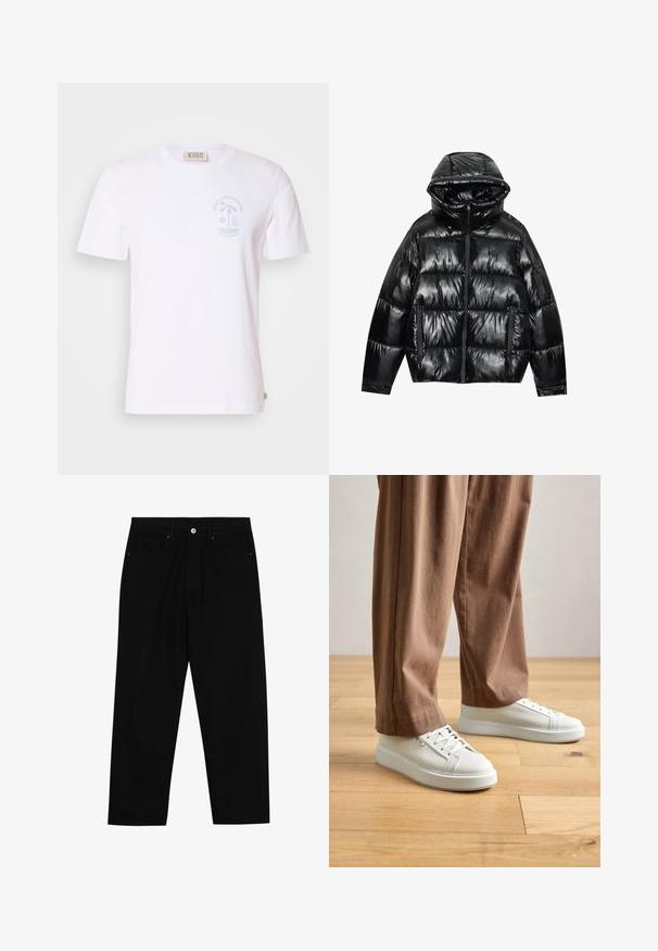 Črn puhasti jopič z sijajem. Ima kapuco, zadrgo in dve stranski žepu. Pikučast vzorec dodaja teksturo in izolacijo.; Bela bombažna majica s kratkimi rokavi in okroglo ovratnikom. Ima svetlo modro grafiko plažne scene na levi prsni strani.; Črne denim hlače z ravnim krojem, petimi žepi in sprednjim gumbom. Gladka tekstura z minimalnimi šivi.; Oseba v belih strukturiranih nizkih supergah in ohlapnih rjavih hlačah stoji na svetlem lesu.
