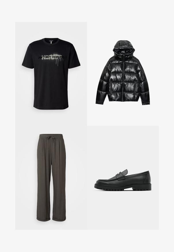 Svart boblejakke med glanset overflate. Har hette, glidelås og to sidelommer. Kviltet design gir tekstur og isolasjon.; Svart bomull T-skjorte med sprayet tekstgrafikk "ANTONY MORATO" i grått med dryppdetaljer, kortermet og rund hals.; Mørkegrå vide bukser med snor i taljen, lavet af et blødt, struktureret stof, der har opsmøgede manchetter ved anklerne.; Sorte lærloafere med rund tå, med en syddesign, lav plattformsåle og en teksturert, ruggede gummisåle.