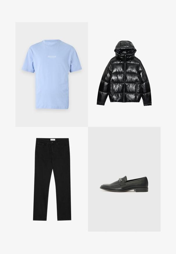 Čierna prešívaná bunda s lesklým povrchom. Obsahuje kapucňu, zips a dve bočné vrecká. Prešívaný dizajn pridáva textúru a izoláciu.; Svetlo modré tričko s krátkym rukávom a okrúhlym výstrihom s malým bielym textom "DENIM TOM TAILOR" umiestneným na strede hrudi.; Čierne džínsy rovného strihu s piatimi vreckami, zapínanie na gombík a zips a s etiketou značky Pier One na páse.; Čierne kožené loafers s hladkým povrchom, s prešitým dizajnom a dekoratívnym kovovým reťazovým akcentom cez priehlavok. Plochý podpätok.