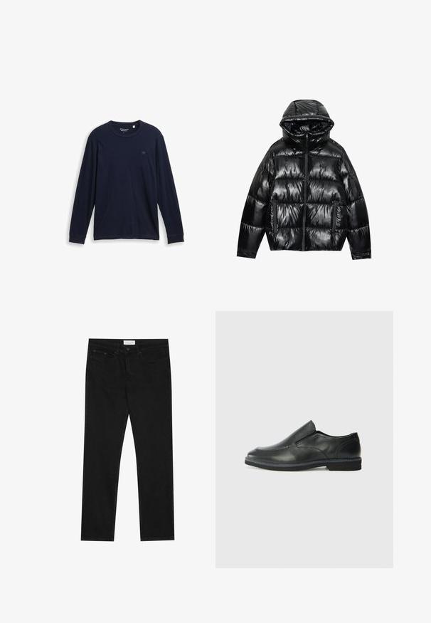 Crna puffer jakna s sjajnom završnom obradom. Ima kapuljaču, zatvaranje na patentni zatvarač i dva bočna džepa. Kvalitetni ušiveni dizajn dodaje teksturu i izolaciju.; Mornarska majica s dugim rukavima od mekanog pamuka, koja ima okrugli dekolte, šivane rubove i mali, izvezeni logo na prsima.; Crne ravne traperice s pet džepova, zatvaranje na gumbe i patentni zatvarač, te oznakom marke Pier One na pojasu.; Crne kožne cipele na sklapanje s glatkom gornjom površinom, prošivenim detaljima, zaobljenim vrhom i niskim gumene potplate. Potplat ima minimalne uzorke.