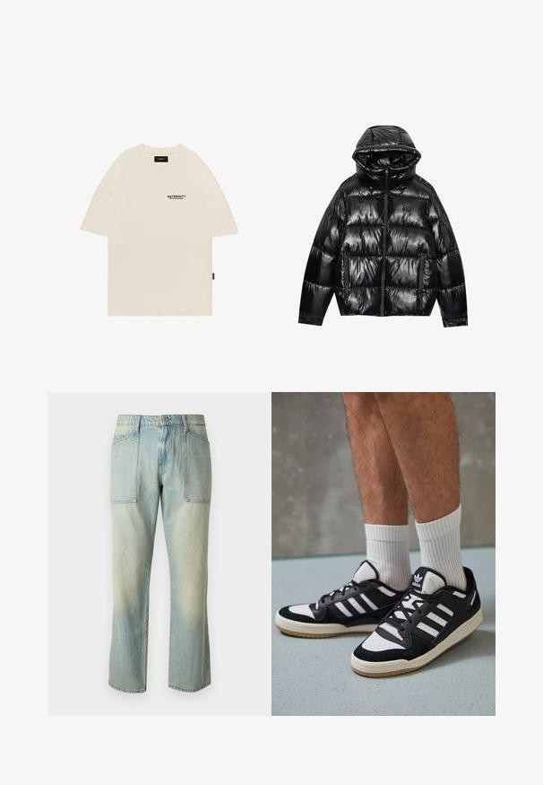 Crna puffer jakna s sjajnom završnom obradom. Ima kapuljaču, zatvaranje na patentni zatvarač i dva bočna džepa. Kvalitetni ušiveni dizajn dodaje teksturu i izolaciju.; Bež majica od pamuka s kružnim izrezom, prenaglašenog dizajna, i crnim otisnutim logotipom na lijevoj strani prsnog koša. Ravno rezane kratke rukave.; Svijetlo plave traperice s ravnim krojem, vidljivim šavovima i dva velika prednja džepa. Tkanina ima izblijedjeli izgled.; Crne i bijele tenisice s gornjim dijelom od antilopa i kože, s tri bijele pruge, perforiranim prstom i gumiranim potplatom.