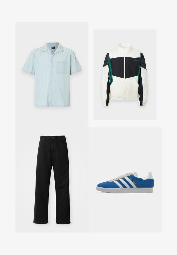 Witte en zwarte windbreaker met groene accenten, voorzien van een ritsluiting, hoge kraag, elastische manchetten en horizontale strepen op de mouwen.; Lichtblauwe korte mouw shirt van lichte stof, met een klassieke kraag, knopen aan de voorkant en een borstzak aan de linkerzijde.; Zwarte denim broek met een rechte pasvorm, voorzien van voorzakken, een rits en een enkele bovenste knoop. Gestructureerde stof met een matte afwerking.; adidas Originals ADIDAS GAZELLE SHOES - Zaalvoetbalschoenen - real madrid/bluebird/footwear white/crew yellow