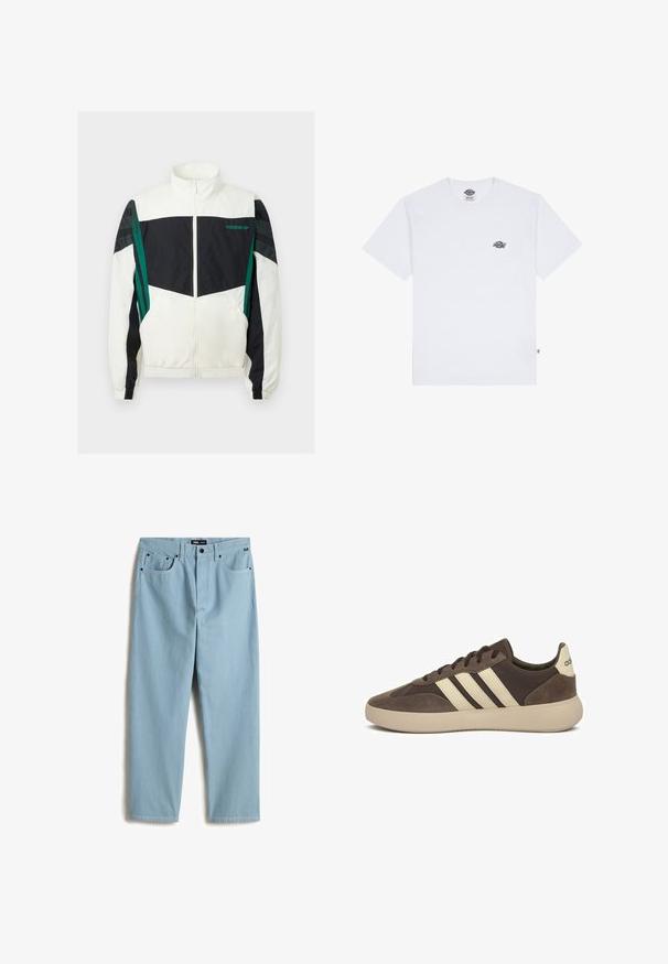 White and black windbreaker with green accents, featuring a zip closure, high collar, elastic cuffs, and horizontal stripes on the sleeves.; White cotton t-shirt with short sleeves, featuring a small black logo on the chest and a tag on the bottom left corner.; Light blue, straight-leg denim pants with five pockets, subtle contrast stitching, and a branded label on the waistband.; Brown suede sneaker with three white stripes, rounded toe, thick rubber sole, and minimal branding on the heel.