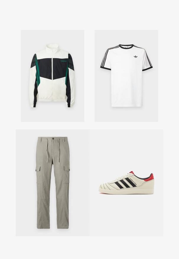 Corta-vento preto e branco com detalhes verdes, apresentando fecho com zíper, gola alta, punhos elásticos e riscas horizontais nas mangas.; T-shirt de algodão branco com decote e mangas caneladas pretas, apresentando três riscas pretas em cada ombro e um pequeno logotipo no peito.; Calças cargo cinza claro feitas de tecido texturizado, com cintura elástica regulável, fecho frontal por botão e múltiplos bolsos laterais.; Tênis de couro creme com riscas pretas, detalhes em vermelho no calcanhar e texturas. Possui sola de borracha e fecho com atacadores.