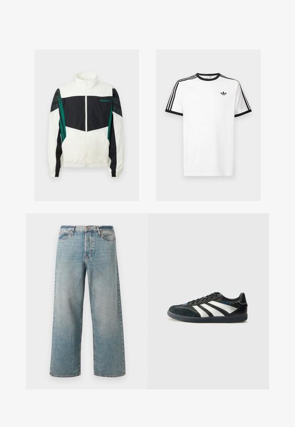 Hvit og svart vindjakke med grønne detaljer, som har glidelås, høy krage, elastiske mansjetter og horisontale striper på ermene.; Hvit bomulls T-skjorte med svart ribbestrikket halslinning og ermer, med tre svarte striper på hver skulder og en liten logo på brystet.; Lyseblå høy midje vide ben jeans med frontknapp og glidelås, fem lommer og falmede detaljer på stoffet.; adidas Performance PREDATOR FREESTYLE JUDE INDOOR FOOTBALL SHOES - Innendørsfotballsko - core black/silver-coloured/glory blue