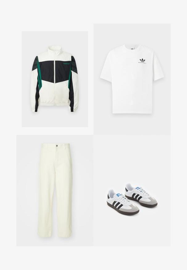 Bílý a černý větrovka s zelenými akcenty, vybavená zipovým zapínáním, vysokým límcem, elastickými manžetami a horizontálními pruhy na rukávech.; Bílá bavlněná tričko s krátkým rukávem, na přední straně s černým logem "BASKETBALL" a ikonickým designem tří pruhů.; Světlé žluté bavlněné kalhoty s rovnými nohavicemi, s uzávěrem na knoflík vpředu, poutky na pásek a čistým, minimalistickým designem.; Sportovní boty s bílým koženým svrškem, šedou semišovou špičkou a třemi černými pruhy. Obsahují modré logo na jazyku a texturovanou gumovou podrážku.