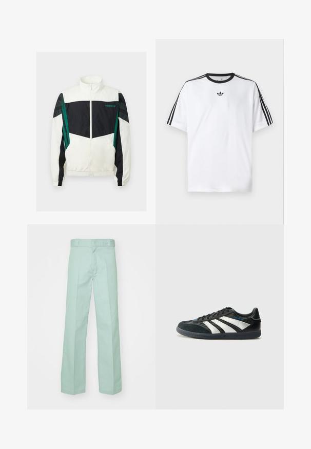 White and black windbreaker with green accents, featuring a zip closure, high collar, elastic cuffs, and horizontal stripes on the sleeves.; White T-shirt made of cotton, featuring a black round neckline and three black stripes on each shoulder. Small black logo on the chest.; Light green trousers made of cotton with a straight leg design, featuring a smooth texture and standard waistband with belt loops.; adidas Performance PREDATOR FREESTYLE JUDE INDOOR FOOTBALL SHOES - Indoor football boots - core black/silver-coloured/glory blue