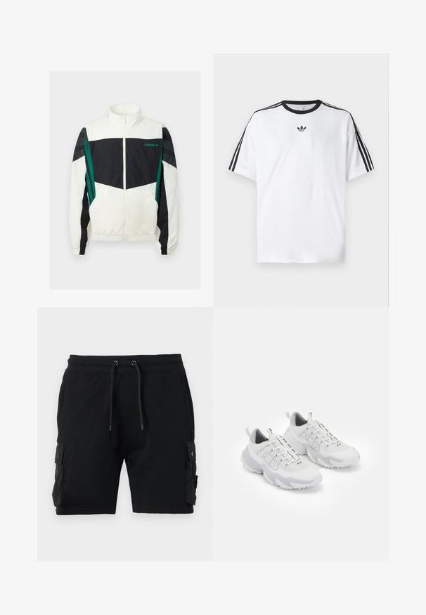 Λευκή και μαύρη αδιάβροχη ζακέτα με πράσινες λεπτομέρειες, διαθέτοντας φερμουάρ, ψηλό γιακά, ελαστικούς ιμάντες και οριζόντιες ρίγες στα μανίκια.; Λευκό T-shirt φτιαγμένο από βαμβάκι, με μαύρη στρογγυλή λαιμόκοψη και τρεις μαύρες ρίγες σε κάθε ώμο. Μικρό μαύρο λογότυπο στο στήθος.; Μαύρες cargo βερμούδες από καμβά, με δύο πλαϊνές τσέπες, ρυθμιζόμενη μέση με κορδόνι και λεία υφή.; Λευκά αθλητικά παπούτσια με ύφασμα διχτυού, γκρι λεπτομέρειες, υφασμάτινη σόλα με υφή και θηλιές στην φτέρνα; διαθέτουν σχέδιο με κορδόνια.
