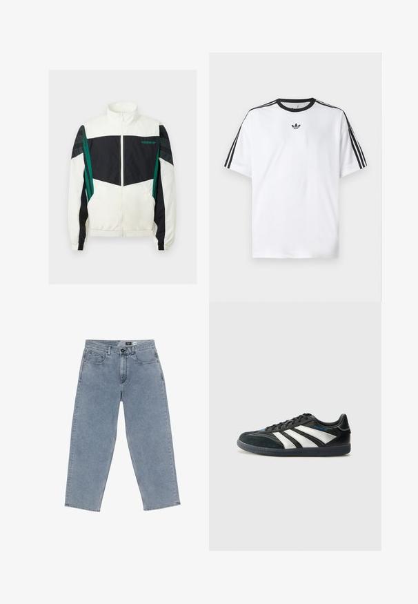 Fehér és fekete szélvédő dzseki zöld részletekkel, cipzáras záródással, magas gallérral, rugalmas mandzsettákkal és vízszintes csíkokkal az ujjakon.; Fehér pamut póló, fekete kerek nyakkal, mindkét vállán három fekete csíkkal. Kis fekete logó a mellkason.; Világoskék farmer széles lábú nadrág gombos zárással, öt zsebbel és egyenes szárakkal. Puha tapintás, minimális fakulás és tiszta varrás.; adidas Performance PREDATOR FREESTYLE JUDE INDOOR FOOTBALL SHOES - Beltéri futballcipő - core black/silver-coloured/glory blue