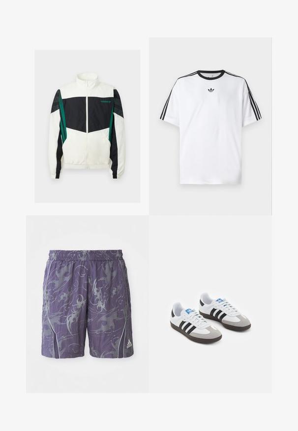 Fehér és fekete szélvédő dzseki zöld részletekkel, cipzáras záródással, magas gallérral, rugalmas mandzsettákkal és vízszintes csíkokkal az ujjakon.; Fehér pamut póló, fekete kerek nyakkal, mindkét vállán három fekete csíkkal. Kis fekete logó a mellkason.; Lila sportnadrág absztrakt ezüst mintákkal, elasztikus derékpánttal, oldalsó pipingszalaggal és Adidas logóval a jobb lábszáron.; Fehér bőr felsőrészes sportcipő, szürke velúrból készült orral és három fekete csíkkal. Jellemzője a kék logó a nyelvén és egy texturált gumitalp.
