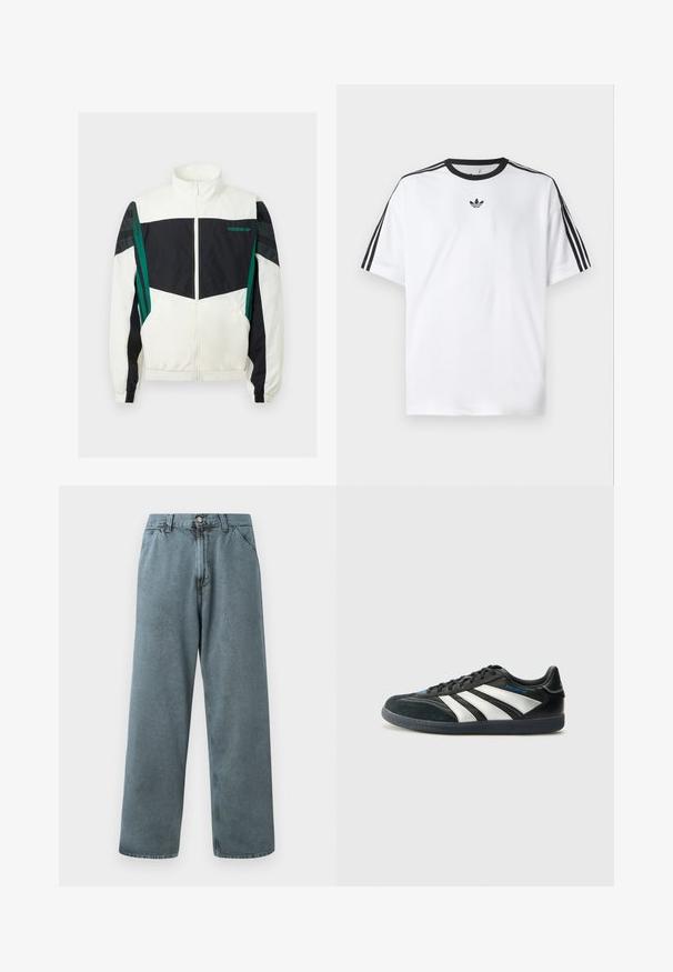 Fehér és fekete szélvédő dzseki zöld részletekkel, cipzáras záródással, magas gallérral, rugalmas mandzsettákkal és vízszintes csíkokkal az ujjakon.; Fehér pamut póló, fekete kerek nyakkal, mindkét vállán három fekete csíkkal. Kis fekete logó a mellkason.; Világoskék farmer nadrág, egyenes szárú fazonnal, klasszikus gombos záródással és öt zsebes kialakítással. Puha tapintású anyag, minimalista varrási részletekkel.; adidas Performance PREDATOR FREESTYLE JUDE INDOOR FOOTBALL SHOES - Beltéri futballcipő - core black/silver-coloured/glory blue