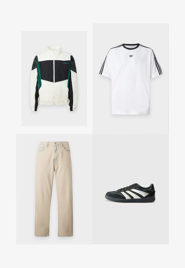 Jachetă de vânt albă și neagră cu accente verzi, având închidere cu fermoar, guler înalt, manșete elastice și dungi orizontale pe mâneci.; Tricou alb din bumbac, cu un guler rotund negru și trei dungi negre pe fiecare umăr. Logo mic negru pe piept.; Blugi din denim bej deschis cu croială dreaptă la picior, cinci buzunare și închidere cu nasture. Prezintă o estompare subtilă a țesăturii și un design clasic.; adidas Performance PREDATOR FREESTYLE JUDE INDOOR FOOTBALL SHOES - Ghete de fotbal de sală - core black/silver-coloured/glory blue