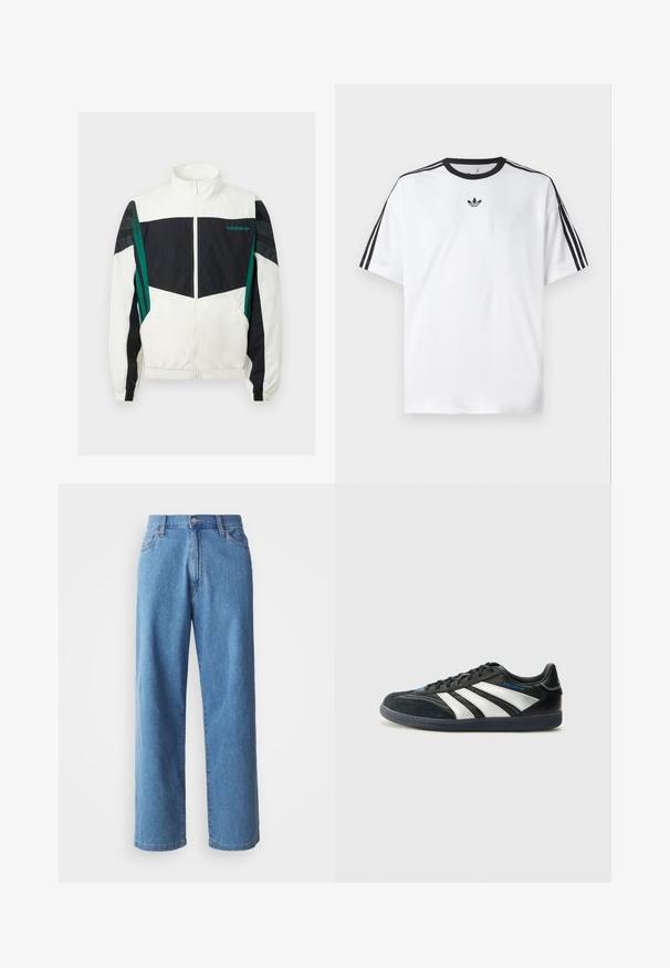 Bijela i crna jakna s kapuljačom s zelenim detaljima, s patentnim zatvaračem, visokim ovratnikom, elastičnim manžetama i horizontalnim prugama na rukavima.; Bijela majica od pamuka, s crnim okruglim izrezom i tri crne pruge na svakom ramenu. Mali crni logo na prsima.; Svijetloplave traper široke hlače s visokim strukom, pet džepova i kopčanjem na gumb. Glatka tekstura s minimalnim izbjeljivanjem.; adidas Performance PREDATOR FREESTYLE JUDE INDOOR FOOTBALL SHOES - Dvoranske nogometne kopačke - core black/silver-coloured/glory blue