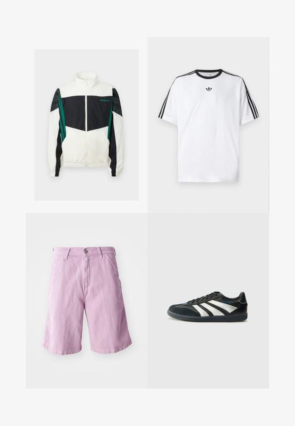 White and black windbreaker with green accents, featuring a zip closure, high collar, elastic cuffs, and horizontal stripes on the sleeves.; White T-shirt made of cotton, featuring a black round neckline and three black stripes on each shoulder. Small black logo on the chest.; Light purple denim shorts with a straight cut, featuring a button and zipper closure, five-pocket design, and subtle texture.; adidas Performance PREDATOR FREESTYLE JUDE INDOOR FOOTBALL SHOES - Indoor football boots - core black/silver-coloured/glory blue