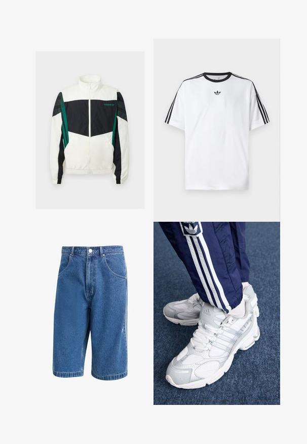 Witte en zwarte windbreaker met groene accenten, voorzien van een ritsluiting, hoge kraag, elastische manchetten en horizontale strepen op de mouwen.; Witte T-shirt van katoen, met een zwarte ronde halslijn en drie zwarte strepen op elke schouder. Klein zwart logo op de borst.; Denim shorts in medium blauw, met een klassieke snit, vijf zakken en een metalen knoopsluiting. Licht versleten textuur op de stof.; Witte sportieve schoenen met een bovenwerk van mesh en zilveren accenten, voorzien van veters en logodetails, gecombineerd met marineblauwe trainingsbroek met witte strepen.