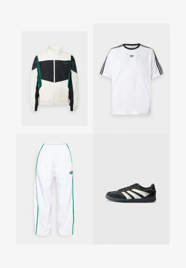 Bijela i crna jakna s kapuljačom s zelenim detaljima, s patentnim zatvaračem, visokim ovratnikom, elastičnim manžetama i horizontalnim prugama na rukavima.; Bijela majica od pamuka, s crnim okruglim izrezom i tri crne pruge na svakom ramenu. Mali crni logo na prsima.; Bijele trenirke s zelenim bočnim trakama, elastičnom trakom u struku i dva džepa sa zatvaračem. Izrađene su od glatkog, laganog materijala.; adidas Performance PREDATOR FREESTYLE JUDE INDOOR FOOTBALL SHOES - Dvoranske nogometne kopačke - core black/silver-coloured/glory blue