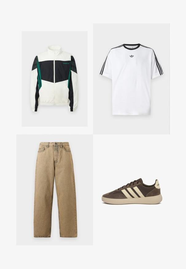 Giacca a vento bianca e nera con accenti verdi, dotata di chiusura con zip, colletto alto, polsini elasticizzati e righe orizzontali sulle maniche.; Maglietta bianca in cotone, con scollatura rotonda nera e tre strisce nere su ciascuna spalla. Piccolo logo nero sul petto.; Jeans in denim beige con design a gamba dritta, dotati di zip, passanti per la cintura e cuciture a contrasto. Nessun motivo o dettaglio hardware degno di nota.; Sneaker in camoscio marrone con tre strisce bianche, punta arrotondata, suola spessa in gomma e marchio minimo sul tallone.