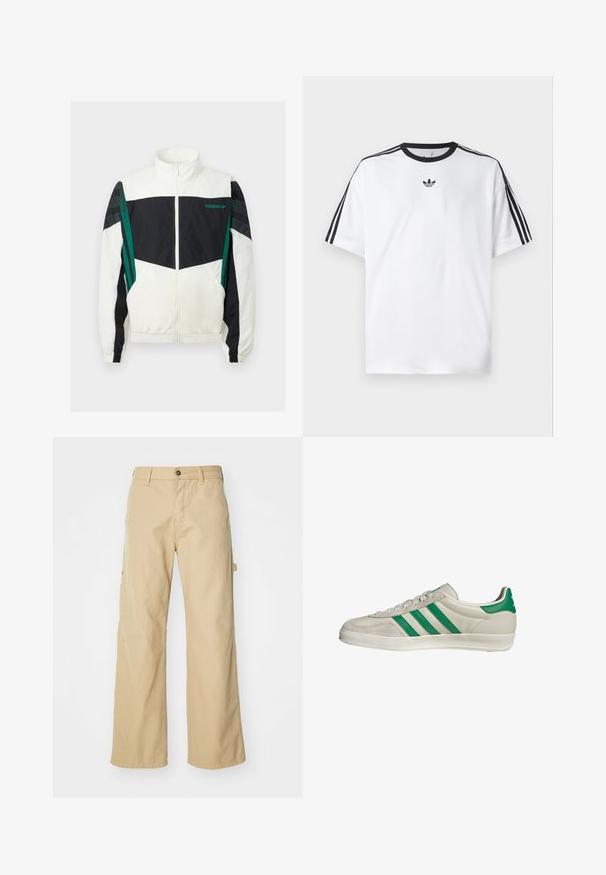 Witte en zwarte windbreaker met groene accenten, voorzien van een ritsluiting, hoge kraag, elastische manchetten en horizontale strepen op de mouwen.; Witte T-shirt van katoen, met een zwarte ronde halslijn en drie zwarte strepen op elke schouder. Klein zwart logo op de borst.; Beige wijde cargo broek met een knoopsluiting, voorzien van zijzakken, gemaakt van stevig katoen, met een soepele textuur en een recht gesneden ontwerp.; Beige sneaker met groene strepen, voorzien van een witte zool en een bovenkant van glad leer. Zijaanzicht dat de veters en het logo benadrukt.