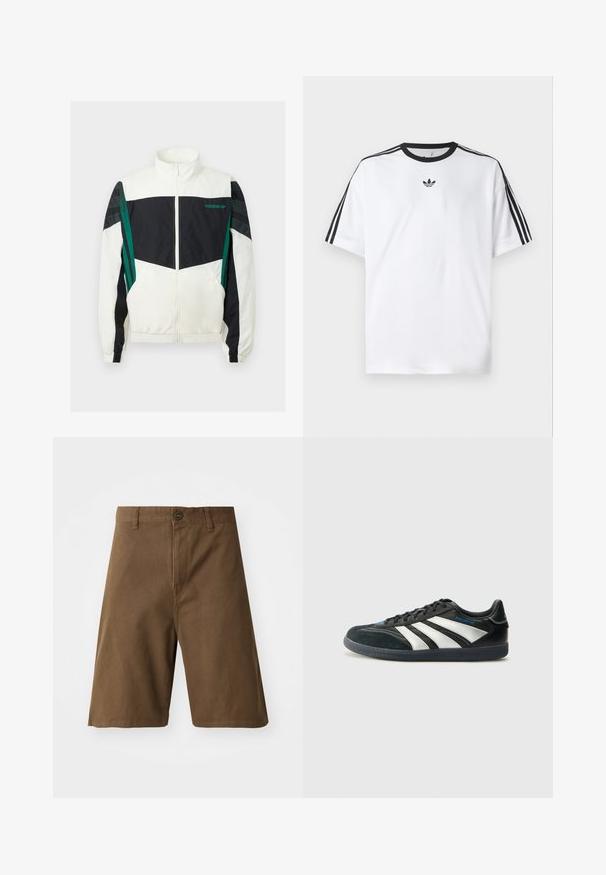 Corta-vento preto e branco com detalhes verdes, apresentando fecho com zíper, gola alta, punhos elásticos e riscas horizontais nas mangas.; Camiseta branca em algodão, com gola redonda preta e três riscas pretas em cada ombro. Pequeno logótipo preto no peito.; Shorts de algodão castanhos com corte reto, apresentando um fecho de botão na frente, passantes para cinto e bolsos laterais. Textura suave e costuras limpas.; adidas Performance PREDATOR FREESTYLE JUDE INDOOR FOOTBALL SHOES - Botas de futebol de salão - core black/silver-coloured/glory blue