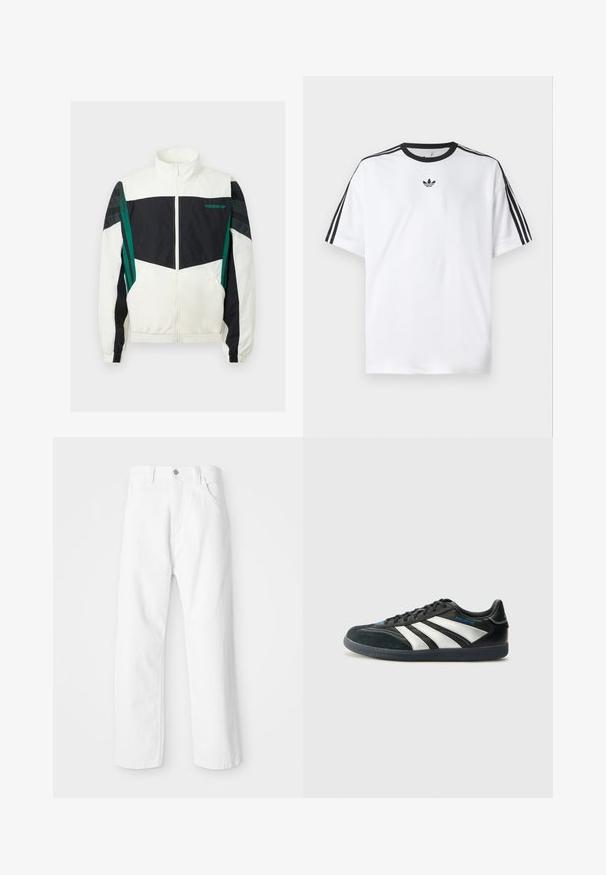 Fehér és fekete szélvédő dzseki zöld részletekkel, cipzáras záródással, magas gallérral, rugalmas mandzsettákkal és vízszintes csíkokkal az ujjakon.; Fehér pamut póló, fekete kerek nyakkal, mindkét vállán három fekete csíkkal. Kis fekete logó a mellkason.; Fehér denim nadrág egyenes szabással, elől gombos és cipzáras záródással, öt zsebbel és tiszta, texturált felülettel.; adidas Performance PREDATOR FREESTYLE JUDE INDOOR FOOTBALL SHOES - Beltéri futballcipő - core black/silver-coloured/glory blue