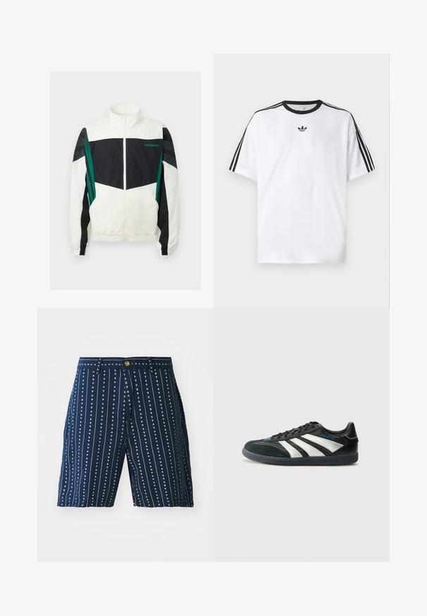 Jachetă de vânt albă și neagră cu accente verzi, având închidere cu fermoar, guler înalt, manșete elastice și dungi orizontale pe mâneci.; Tricou alb din bumbac, cu un guler rotund negru și trei dungi negre pe fiecare umăr. Logo mic negru pe piept.; Pantaloni scurți navy cu dungi verticale albe și motive mici în formă de inimă, având închidere cu buton și urechi pentru curea. Fabricat dintr-un material ușor.; adidas Performance PREDATOR FREESTYLE JUDE INDOOR FOOTBALL SHOES - Ghete de fotbal de sală - core black/silver-coloured/glory blue