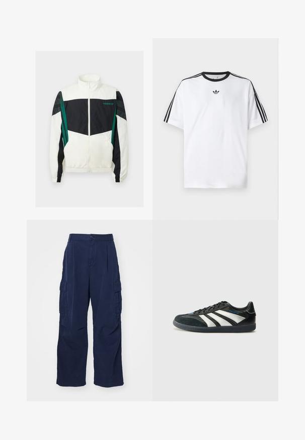 Weiße und schwarze Windjacke mit grünen Akzenten, ausgestattet mit einem Reißverschluss, hohem Kragen, elastischen Bündchen und horizontalen Streifen an den Ärmeln.; Weißes T-Shirt aus Baumwolle mit einem schwarzen, runden Halsausschnitt und drei schwarzen Streifen auf jeder Schulter. Kleines schwarzes Logo auf der Brust.; Marineblaue Cargo-Shorts aus Baumwolle mit einer lässigen Passform. Verfügen über zwei Seitentaschen und einen Knopfverschluss an der Taille. Glatte Textur und gerade Beine.; adidas Performance PREDATOR FREESTYLE JUDE INDOOR FOOTBALL SHOES - Indoor-Fußballschuhe - core black/silver-coloured/glory blue