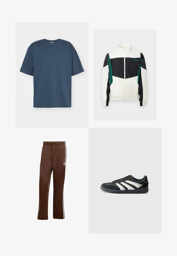 Jachetă de vânt albă și neagră cu accente verzi, având închidere cu fermoar, guler înalt, manșete elastice și dungi orizontale pe mâneci.; Filippa K HEAVY CREW NECK TEE - Tricou basic - dawn blue; Pantaloni sportivi maro dintr-un material neted, cu dungi albe pe laterale și o talie elastică. Include buzunare pe ambele părți.; adidas Performance PREDATOR FREESTYLE JUDE INDOOR FOOTBALL SHOES - Ghete de fotbal de sală - core black/silver-coloured/glory blue