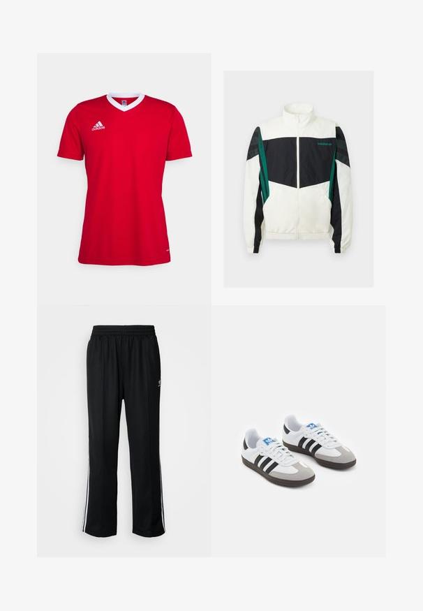 Corta-vento preto e branco com detalhes verdes, apresentando fecho com zíper, gola alta, punhos elásticos e riscas horizontais nas mangas.; Camisa de futebol vermelha da Adidas com colarinho em V branco. Mangas curtas e logótipo discreto na área do peito esquerdo. Textura de tecido suave.; Calças atléticas pretas com um cós elástico, apresentando riscas brancas laterais e um pequeno logótipo. O material parece macio e leve.; Ténis desportivos com um cabedal em pele branca, biqueira em camurça cinza e três riscas pretas. Apresenta um logo azul na língua e uma sola de borracha texturizada.