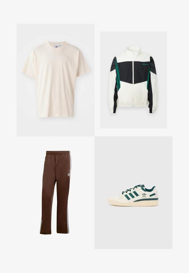Bela in črna vetrovka z zelenimi akcenti, z zadrgo, visokim ovratnikom, elastičnimi manšetami in horizontalnimi črtami na rokavih.; Kremasta bombažna majica s krožnim izrezom in kratkimi rokavi; vsebuje majhen, svetleč logotip na prsih.; Rjave atletske hlače iz gladkega materiala, z belimi stranskimi črtami in elastičnim pasom. Vsebujejo žepe na obeh straneh.; Beli športni copat z zelenimi detajli. Ima tri zelene proge, strukturiran sprednji del in logo na strani. Gumijast podplat z teksturiranim vzorcem.