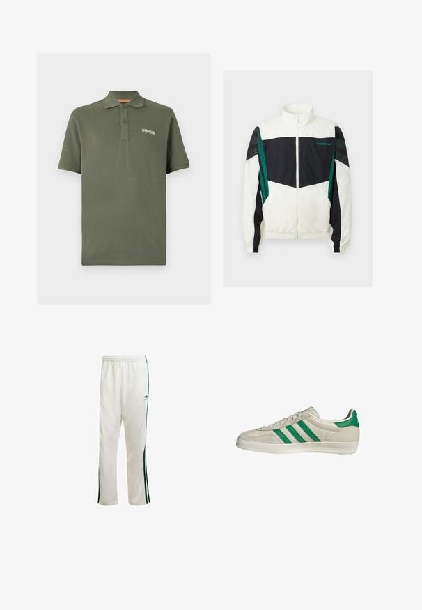 Witte en zwarte windbreaker met groene accenten, voorzien van een ritsluiting, hoge kraag, elastische manchetten en horizontale strepen op de mouwen.; Olijfgroene katoenen poloshirt met een drieknopenlijst, korte mouwen en een klein logodetail op de borst. Zachte textuur, klassieke pasvorm.; Witte sportbroek met groene zijkanten, elastische tailleband en een logo aan de bovenkant aan de linkerkant. Gemaakt van lichtgewicht stof.; Beige sneaker met groene strepen, voorzien van een witte zool en een bovenkant van glad leer. Zijaanzicht dat de veters en het logo benadrukt.