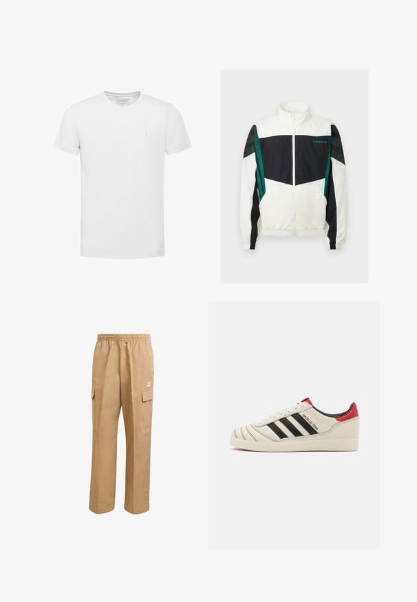 Bílý a černý větrovka s zelenými akcenty, vybavená zipovým zapínáním, vysokým límcem, elastickými manžetami a horizontálními pruhy na rukávech.; Bílý bavlněný tričko s krátkým rukávem a výstřihem do V. Na levé straně hrudi se nachází malá logo nášivka. Hladká textura, jednoduchý design.; Světle hnědé cargo kalhoty s elastickým pasem, dvěma postranními kapsami a malým bílým logem na horní levé stehně. Hladká textura.; Krémové kožené tenisky s černými pruhy, červenými akcenty na patě a texturovanými detaily. Mají gumovou podrážku a šněrování.