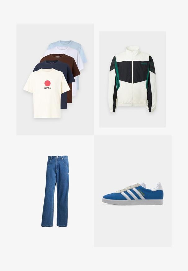 Valge ja must tuulejakker roheliste aktsentidega, millel on tõmblukk, kõrge krae, elastsed mansetid ja horisontaalsed triibud varrukatel.; Viis puuvillast t-särki erinevates värvustes: kreemika värviga punase ringiga ja "JAPAN", helesinine, valge, pruun ja tumesinine. Lühikesed varrukad, ümmargune kaelus.; Sinine kõrge vöökohaga avar jakkidega teksapükse, millel on ees taskud, vöökoharingid, nupuga sulgemine ja väike Adidas'i logo paremal reiel.; adidas Originals ADIDAS GAZELLE SHOES - Saalijalgpalli saapad - real madrid/bluebird/footwear white/crew yellow