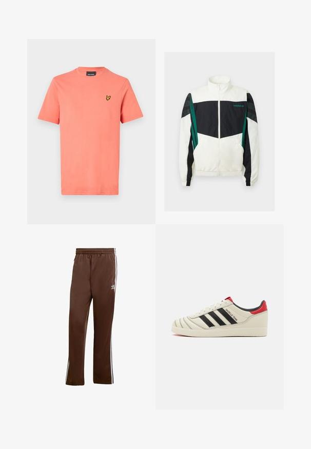 Bela in črna vetrovka z zelenimi akcenti, z zadrgo, visokim ovratnikom, elastičnimi manšetami in horizontalnimi črtami na rokavih.; Bombažna majica koralne roza barve z okrolim izrezom, kratkimi rokavi in majhnim črno-rumeno vezenim logotipom na levi strani prsi.; Rjave atletske hlače iz gladkega materiala, z belimi stranskimi črtami in elastičnim pasom. Vsebujejo žepe na obeh straneh.; Kremni usnjeni športni copati z črnimi črtami, rdečimi detajli na petah in strukturiranimi elementi. Opremljeni so z gumijastim podplatom in vezalnim zapiranjem.