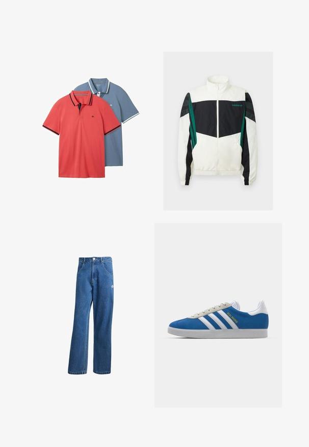 Bela in črna vetrovka z zelenimi akcenti, z zadrgo, visokim ovratnikom, elastičnimi manšetami in horizontalnimi črtami na rokavih.; Dve polo majice: ena koralna z temnim obrobljenjem in ena svetlo modra z belimi detajli. Obe imata kratke rokave in klasičen ovratnik.; Modre visoko pasu široke denim kavbojke z sprednjimi žepi, zankami za pas, gumbom za zapiranje in majhnim logotipom Adidas na desni stegno.; adidas Originals ADIDAS GAZELLE SHOES - Dvoranske nogometne kopačke - real madrid/bluebird/footwear white/crew yellow