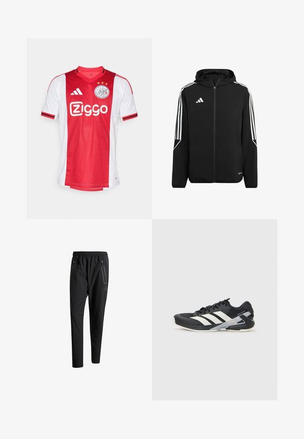 Schwarze Sportjacke mit Reißverschluss vorne, Kapuze und weißem Drei-Streifen-Design auf den Schultern. Besteht aus einem glatten, leichten Stoff und hat ein Logo.; Rot-weiße Fußballtrikot mit V-Ausschnitt, Zickzack-Akzenten und drei Sternen über einem kreisförmigen Logo sowie der Marke "Ziggo".; Schwarze Sporthose mit elastischem Bund, zwei Reißverschlusstaschen an den Seiten, schmal zulaufenden Beinen und einem dezenten Logo-Detail an der Hüfte.; Schwarzer Sportschuh mit weißen Streifen, Obermaterial aus Mesh, runde Zehenform und gepolstertem Sohlenteil. Verfügt über eine strukturierte Ferse und ein sicheres Schnürsystem.