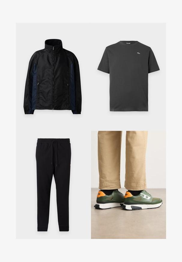 Sort og marineblå vindjakke med høy krage, glidelås foran, sidelommer, elastiske mansjetter og en glatt tekstur.; Mørk grå kortermet t-skjorte laget av bomull. Har en rund halslinje og en liten, hvit logo på venstre brystområde.; Sorte joggebukser laget av mykt stoff, med elastisk liv med snor, smale ben og ribbede mansjetter.; Grønn skinnsneakers med oransje aksenter, svarte detaljer og en teksturert såle, sett fra bak. Uformell design med snøring.