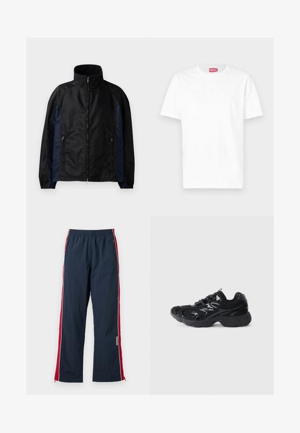 Μαύρο και ναυτικό μπλέ αδιάβροχο μπουφάν με ψηλό γιακά, μπροστινό φερμουάρ και πλαϊνές τσέπες με ελαστικές μανσέτες και λεία υφή.; Λευκό κοντομάνικο t-shirt με στρογγυλή λαιμόκοψη και ανάγλυφο οβάλ λογότυπο στο στήθος, καθώς και κόκκινη ετικέτα με την επωνυμία Diesel μέσα στον γιακά.; Ναυτικές αθλητικές παντελόνες με ελαστική μέση και κόκκινες πλευρικές ρίγες. Διαθέτουν λευκή περιτύλιξη και φερμουάρ στο ύψος του αστραγάλου για ρυθμίσεις. Ελαφρύ υλικό.; Μαύρο αθλητικό παπούτσι με πλέγμα και συνθετικές λεπτομέρειες, στρογγυλή μύτη, υφή στη σόλα και σε αντίθεση γυαλιστερά στοιχεία στο πάνω μέρος.