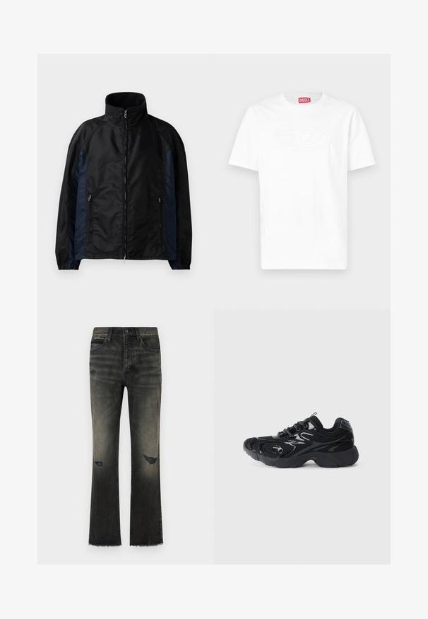 Casaco corta-vento preto e azul-marinho com um colarinho alto, fecho éclair na frente e bolsos laterais, com punhos elásticos e uma textura suave.; T-shirt branca de manga curta com gola redonda, com logótipo oval em relevo no peito e etiqueta da marca Diesel vermelha no interior do colarinho.; Jeans de ganga pretos em corte fluido com um acabamento desbotado, desgastes visíveis e bainha desfiada. Apresenta o clássico estilo de cinco bolsos e fecho de botão metálico.; Sapatilha atlética preta com material em malha e acentos sintéticos, bico arredondado, sola texturizada e detalhes brilhantes em contraste na parte superior.