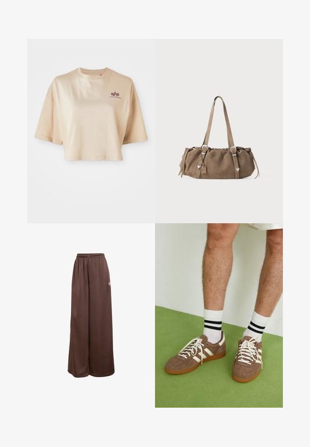 Alyvuogių žalia, apkirpta striukė, pagaminta iš minkštos, odai panašios medžiagos. Turinti iškeltą apykaklę, priekinį užtrauktuką ir laisvas, plačias rankoves.; Šviesiai smėlinis megztinis su apvalia apykakle, turintis struktūrinių rombų raštą ir mezgimo apyrankes bei apačią. Patogus ir stambus mezginys.; Kreminės spalvos trumpa medvilninė marškinėliai, su trumpomis rankovėmis, apvaliu iškirpimu ir bordo spalvos logotipo grafika kairėje krūtinės pusėje.; adidas Originals Treningo apatinė dalis - auburn cream white; Rudoni veršiai sportbačiai su baltais akcentais ir raišteliais. Gumos padu. Dėvimi su baltais kojinėmis, turinčiomis juodas juostas. Žalios tekstūruotos grindys.; Ruda zamšinė rankinė su susirinkusia viršūne, sidabro spalvos detalėmis ir dviem petinėmis rankenomis. Ypatybė - stačiakampis forma ir minimalus dizainas.