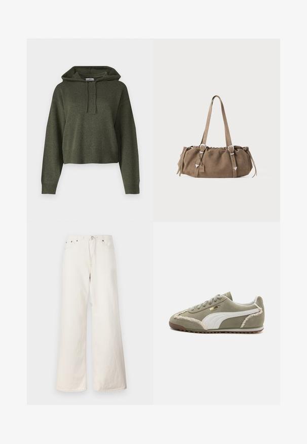 Olivno zelena, skrajšana jakna iz mehkega materiala, podobnega semišu. Ima stoječi ovratnik, sprednje zadrgo in ohlapne široke rokave.; Olivno zeleno kratko hooded pulover iz teksturiranega blaga, z vrvico za nastavljanje kapuce ter rebrastimi manšetami in robom. Preprost, sproščen dizajn.; Bela široka jeans hlače z vrvico v pasu, sprednjimi žepi in subtilnimi šivi. Narejene iz trdnega bombažnega materiala.; Zeleni suede copati z belimi usnjenimi akcenti, teksturiranimi šivi, vezalkami na sprednji strani in gumijastim podplatom. Ponuja edinstvene oblikovne podrobnosti ob straneh.; Rjav semiš ročaj z zbranim vrhom, srebrnimi kovinskimi dodatki in dvema naramnicama. Ima pravokotno obliko in minimalističen dizajn.