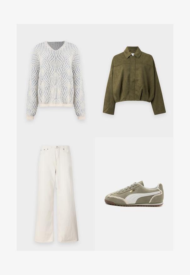 Olive green, cropped jacket in soft suede-like material. Features a stand collar, front zip closure, and loose, wide sleeves.; Knitted sweater in cream and light blue with a wavy textured pattern. Features a V-neck and long sleeves with ribbed cuff and hem.; White wide-leg denim pants featuring a drawstring waist, front pockets, and subtle stitching details. Made from sturdy cotton material.; Green suede sneaker with white leather accents, textured stitching, lace-up front, and rubber sole. Features unique design details along the sides.